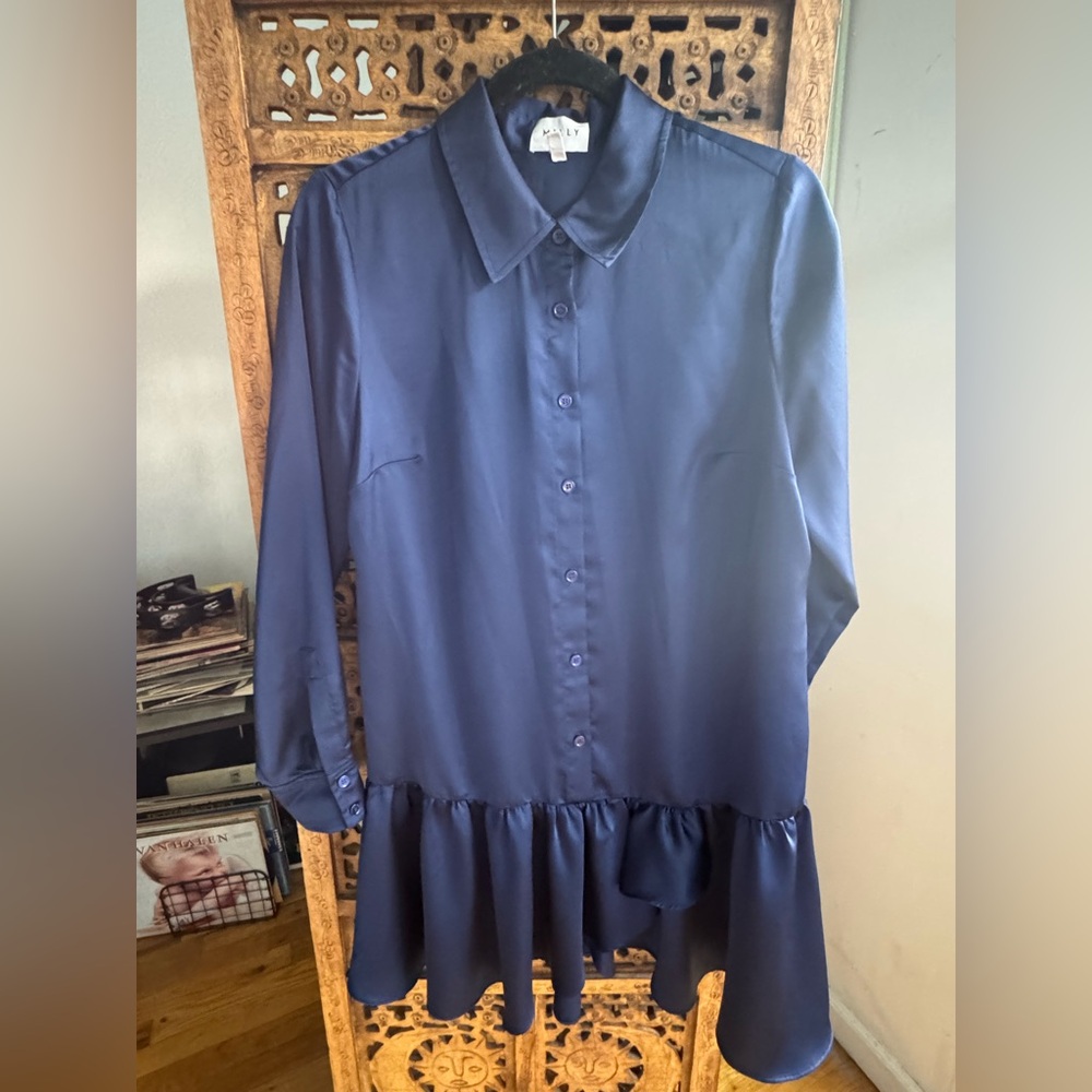 $395 Milly Women's Blue Ruffle Button-Down Satin Mini Dress Size 8
